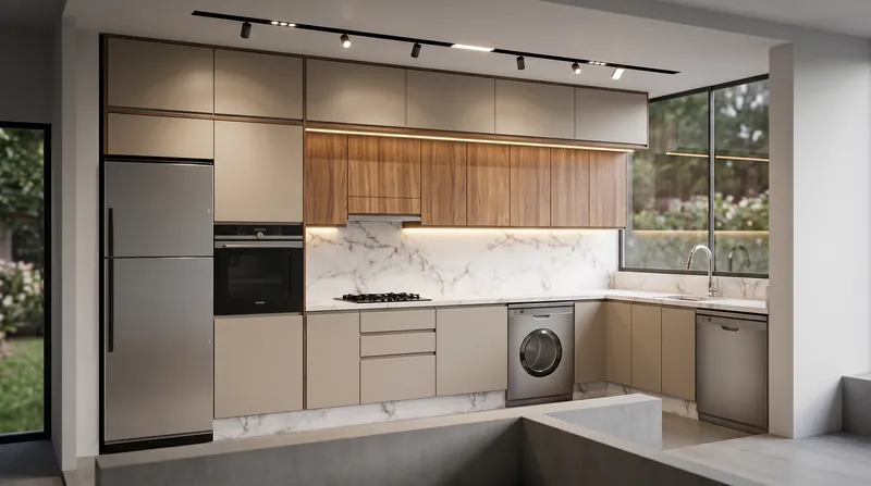 Cuisine beige avec meubles hauts en bois éclairés par LED