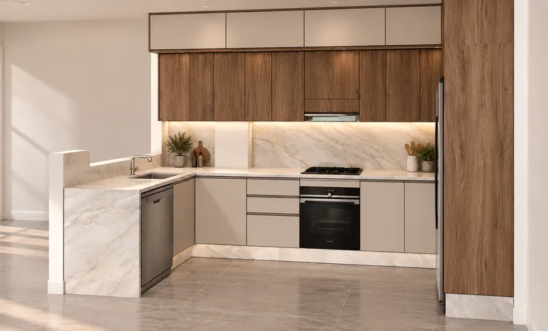 Cuisine en U, meubles hauts en noyer, plan de travail en pierre claire