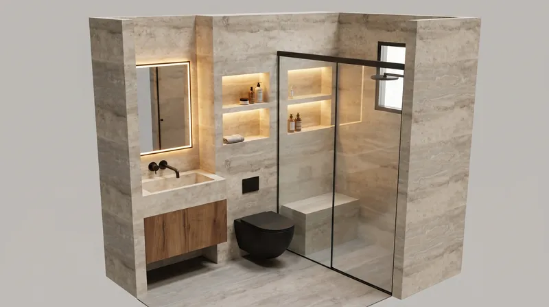 Salle de bain en pierre claire avec niches éclairées et douche vitrée