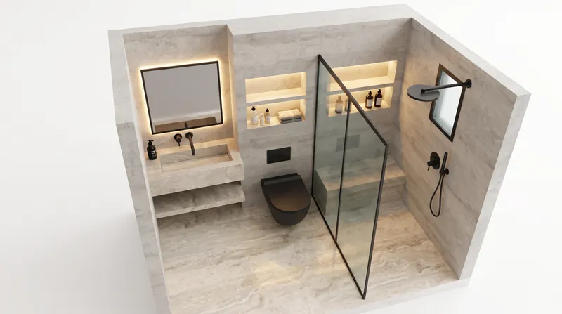 Salle de bain en pierre avec miroir éclairé et paroi vitrée noire