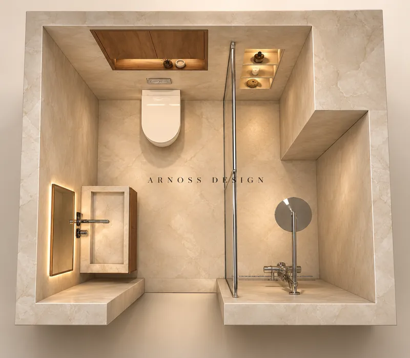 Salle de bain ivoire et noyer vue de dessus, douche à l'italienne