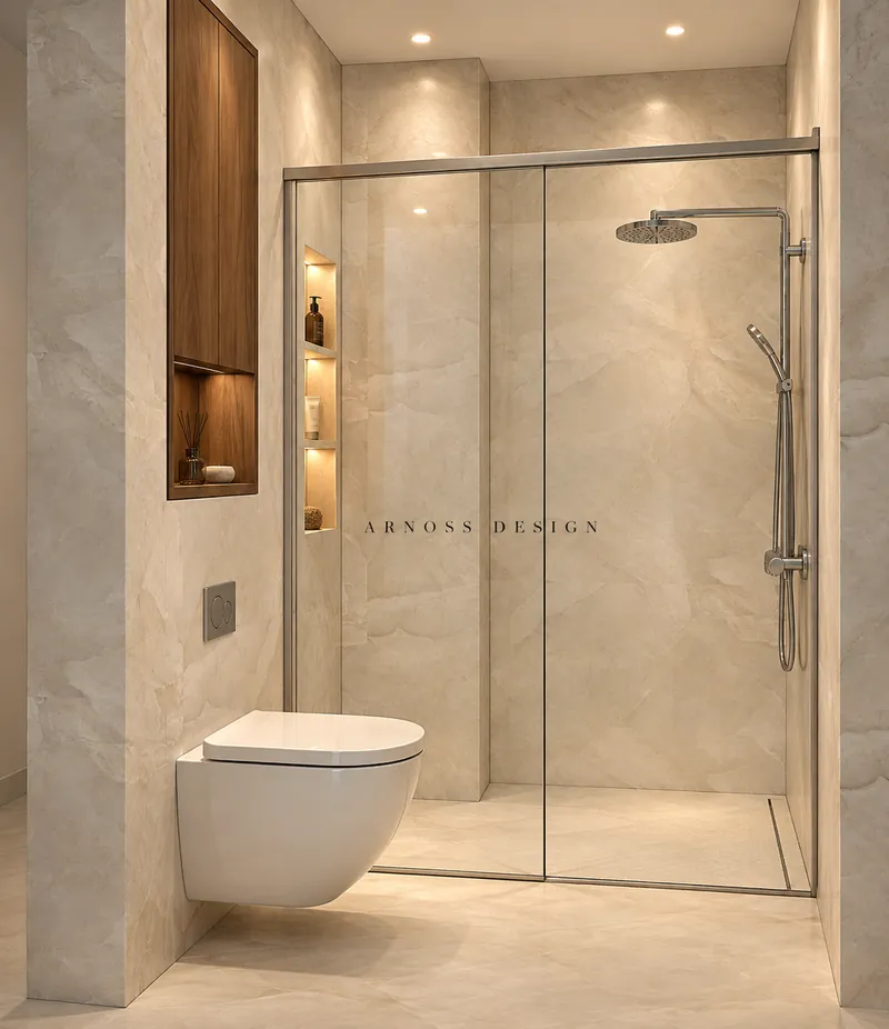 Douche vitrée en pierre ivoire avec niche éclairée